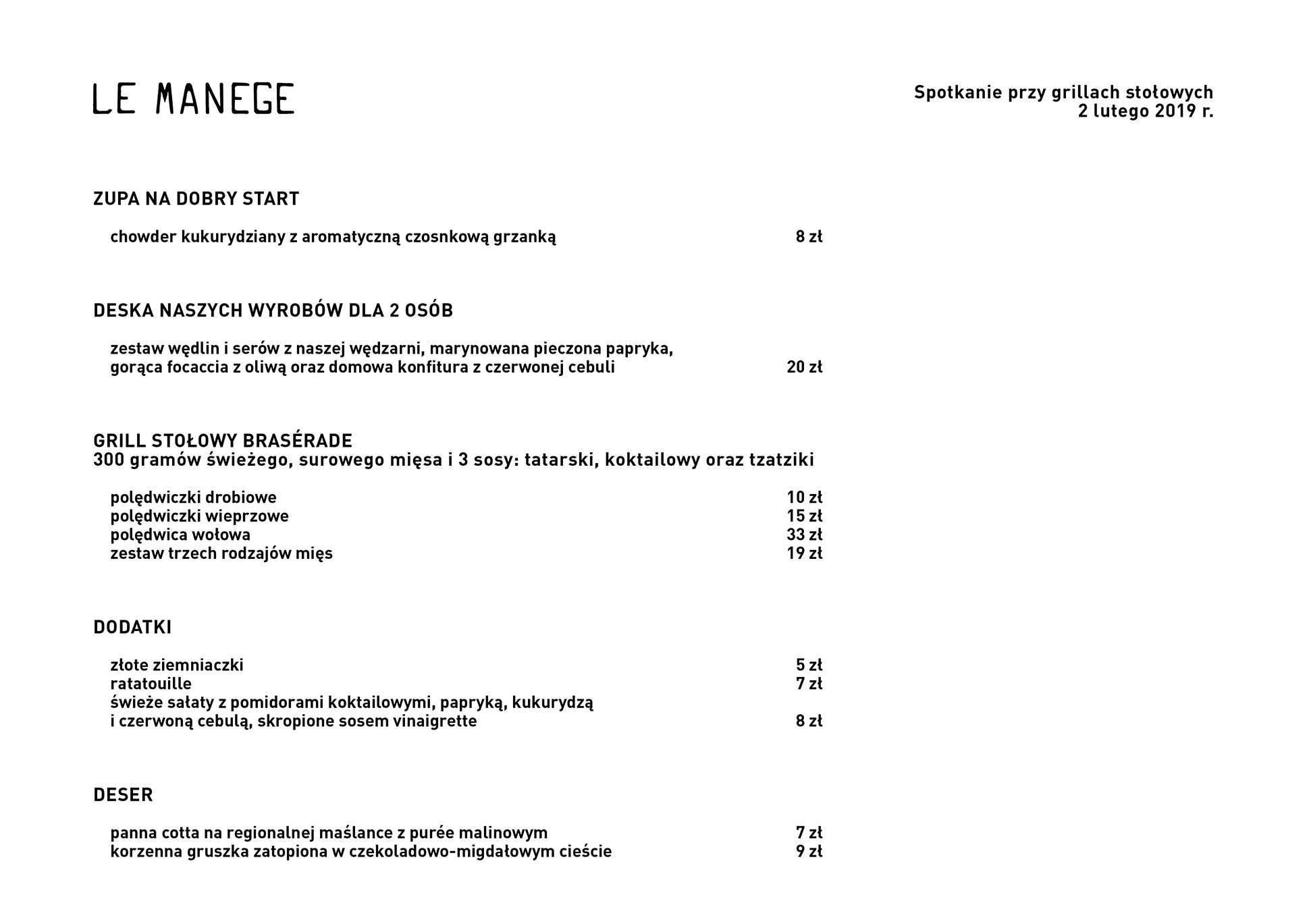 menu Le Manege - Grill 2 lutego